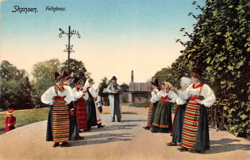 SKANSEN STOCKHOLM SWEDEN FOLKDANS FOLK DANCERS POSTCARD c1910s 