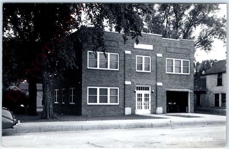 c1950s Allison IA RPPC City Hall Real Photo Postcard Brick Building Car Vtg A102