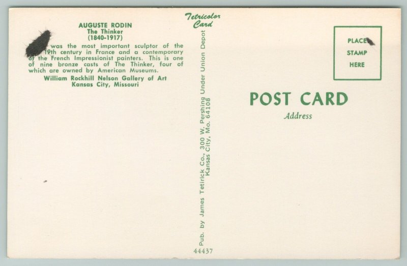 Kansas City MO~Auguste Rodin The Thinker Statue Nelson Gallery~Vintage Postcard 