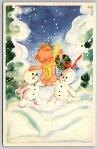 Christmas Fantasy~Twin Snowmen Hold Up New Year Baby~Wreath~Nordisk Konst~Sweden