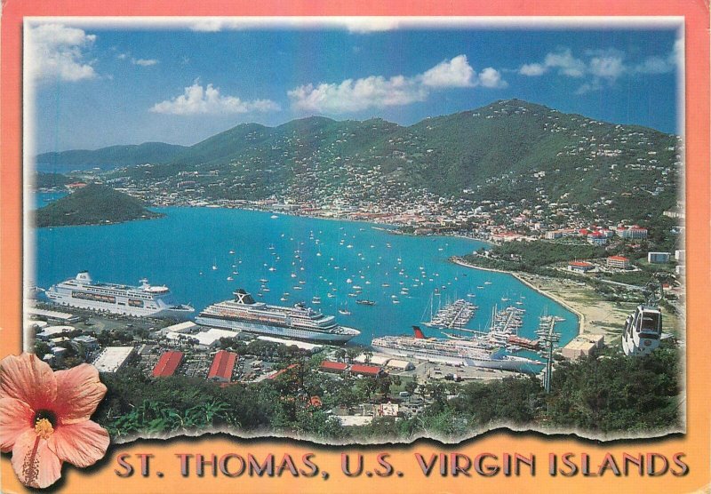 Postcard st. thomas us virgin islands boat ship cruiser village port harbour