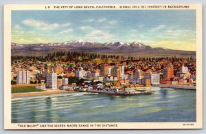 Long Beach CA~Signal Hill Oil Field In Back~Old Baldy Mtn~Vintage Linen Postcard