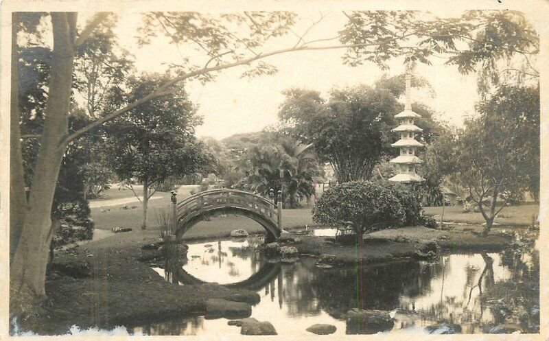 Hawaii Pond Bridge Pagoda Park 1920s RPPC Photo Postcard 22-8054