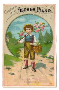 WILMINGTON OHIO*CHAS HOCKETT*FISCHER PIANO*VICTORIAN TRADE CARD*CHILD W/BASKET