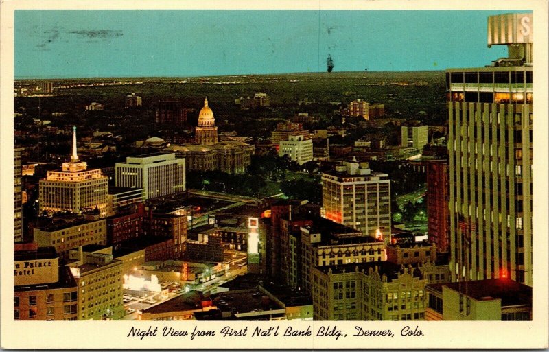 Vtg Denver Colorado CO Night View from First National Bank City 1960s Postcard