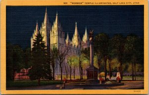 Vtg 1930s Mormon Temple Illuminated at Night Salt Lake City Utah UT Postcard