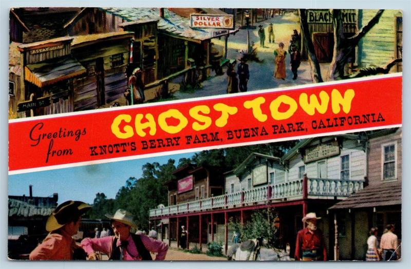 Postcard CA Banner Dual View Greetings From Ghost Town Knotts Berry Farm O10