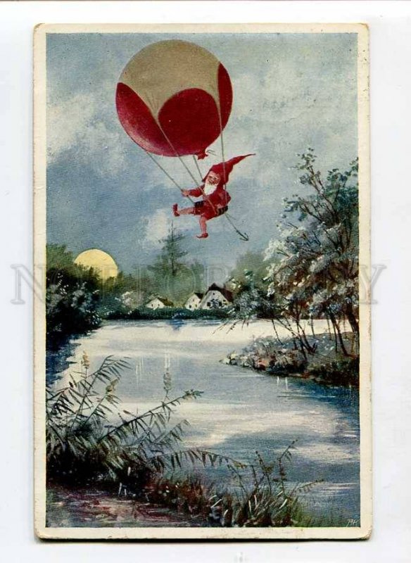 3077339 Little Elf GNOME on BALLOON vintage color RPPC