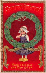 B54/ Merry Christmas Holiday Postcard c'10 Dutch Girl Gold-Lined Wreath Ribbon11