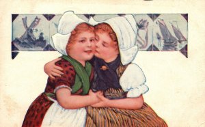 Vintage Postcard 1908 Two Beautiful Dutch Girl Embracing Children Art Painting