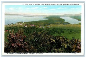 1938 At Trail US 41 Fort Wilkins Copper Harbor Lake Fannie Hooe MI Tree Postcard