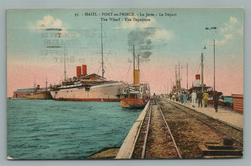 HAITI PORT AU PRINCE THE WHARF SHIPS ANTIQUE POSTCARD