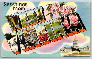 Greetings From West Virginia~Capitol Bldg~Large Letter Vintage Linen Postcard