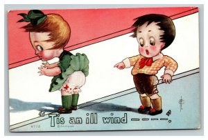 Vintage 1910 Comic Postcard - Boy Surprised Sees Girls Underwear Tis an Ill Wind