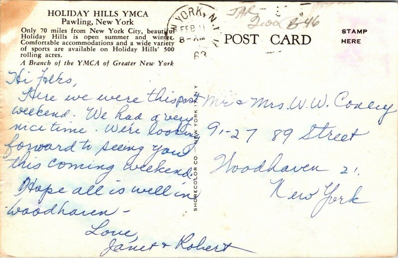 Holiday Hills YMCA Pawling New York NY Postcard PM WOB Note Winter Scene  