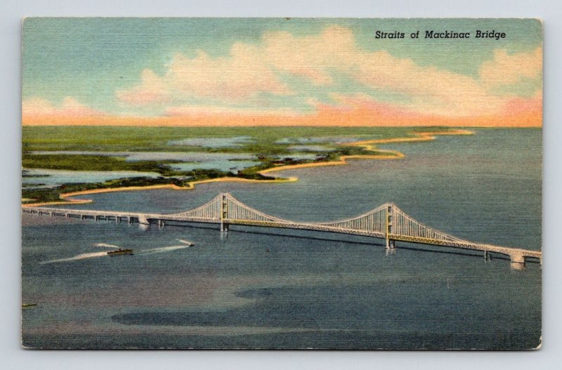 Straits Mackinac Bridge Mackinaw City St Ignace Linen Postcard UNP VTG Curteich