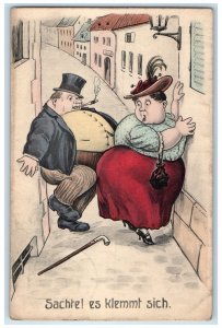 1912 Fat People Stuck Cigarette Smoke Germany Humor Posted Antique Postcard