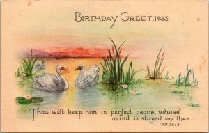 VINTAGE POSTCARD BIRTHDAY GREETINGS PAIR OF SWANS ON LAKE BIBLE QUOTE c. 1920