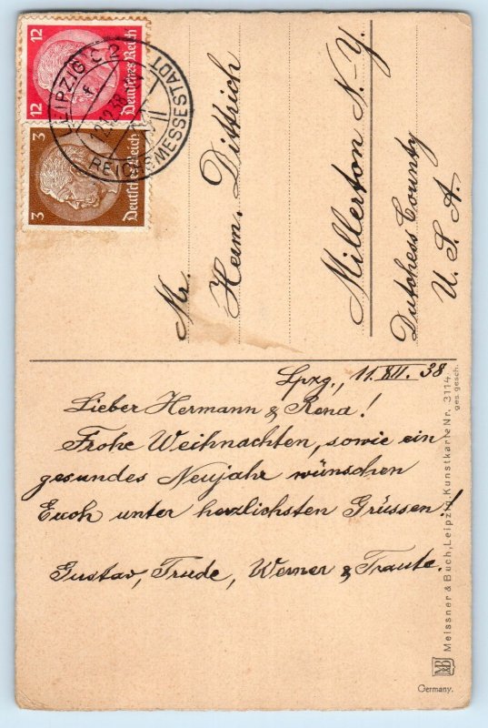 c1910's Child Girl Gifts On Basket Birds And Rabbit Winter Signed Postcard