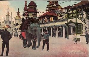 AMUSEMENT -- Coney Island, NYC, NY, Tourists riding Eleph...