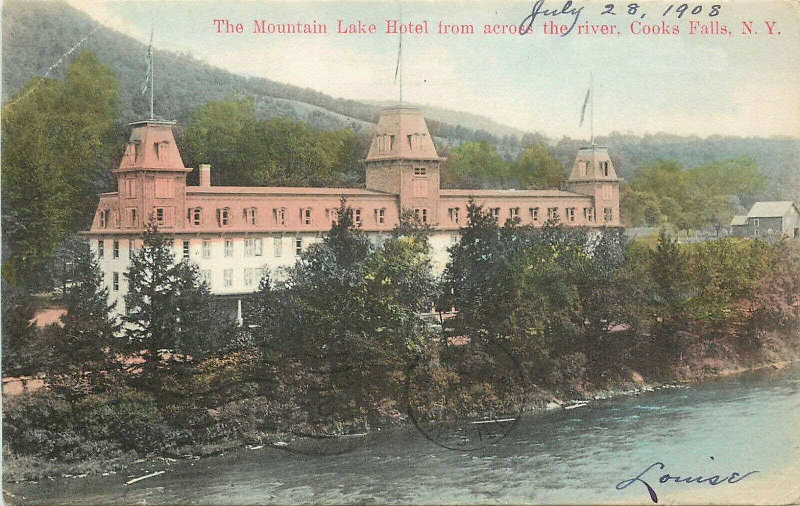 HandColored Postcard; Mountain Lake Hotel from across River, Cooks