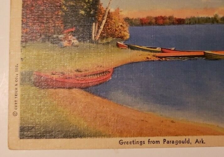 Vintage Postcard Greetings from Paragould Arkansas Reynolds Park lake canoes