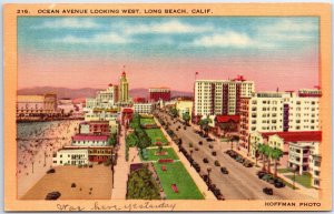 VINTAGE POSTCARD OCEAN AVENUE LOOKING WEST AT LONG BEACH CALIFORNIA 1940s