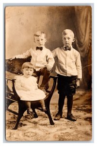 RPPC Adorable Little Boys Studio View Wearing Bowties w Sister UNP Postcard H18