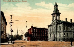 Postcard ON Sarnia Town Hall & Hotel Northern Church Buggy Street Lamp 1912 M67