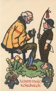 1930s Czech Art Postcard; Old Man & Boy in Flower Garden, Unposted