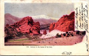 Scenic Gateway Garden Gods Rock Formations Snowy Mountain Tops Postcard WOF WOB 