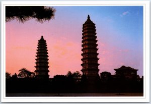 VINTAGE CHINA ILLUSTRATED MAXIMUM POSTCARD SHAN XI SCENERY DOUBLE PAGODA TEMPLE