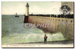 Old Postcard Lighthouse Treport The piers at high tide