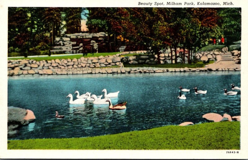 Michigan Kalamazoo Milham Park Beauty Spot Lake With Swans Curteich