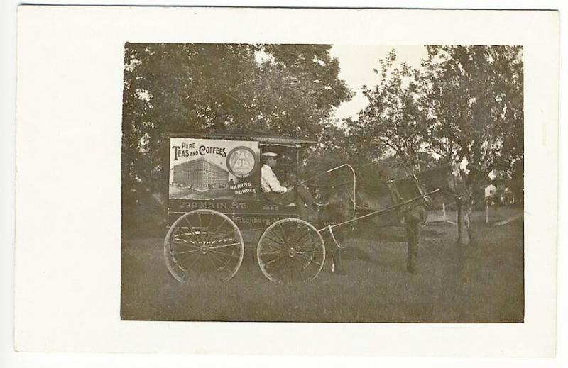 Fitchburg MA Delivery Horse Wagon Teas Coffees Baking Powder Real Photo Postcard