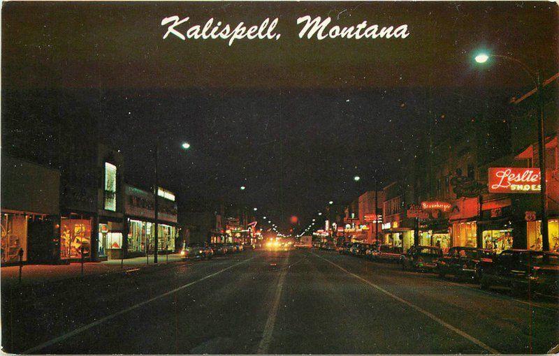 Autos 1960s Night Scene Neon Kallispell Montana Ellis postcard 1727