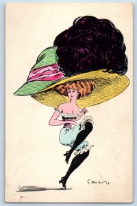 Pretty Woman Exaggerated Hat Feather Signed Artist France Antique Postcard