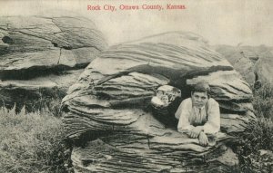 C.1910 Kids Inside Rock at Rock City, Ottawa County Kansas Vintage Postcard F94