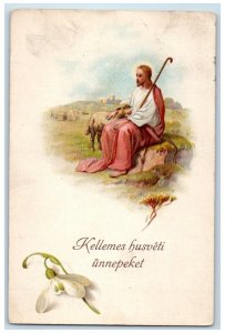 1929 Easter Hungary Jesus Sheep White Flowers Posted Vintage Postcard 