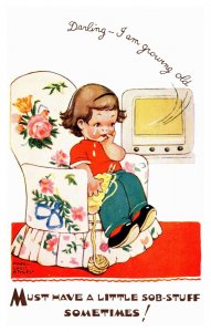 Mabel Lucie Attwell Girl Listening Sad Songs Radio Crying 5319 Postcard S11