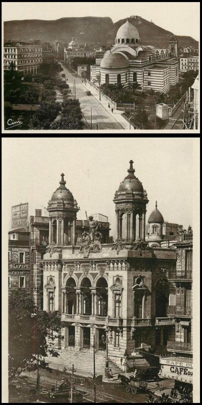 Algeria Oran cathedral and theater unit of 2 topographical real photo postcards