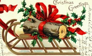 Circa 1910 Fabulous Christmas Yule Log On A Sled Holly Berries Bow Embossed P15