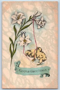 Rochester Minnesota MN Postcard Easter Greetings Baby Chicks Pulling Flowers