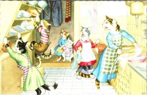 Mainzer DRESSED CATS #4851 Cupboard Falls  ANTHROPOMORPHIC  Vintage Postcard