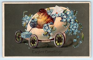 EASTER GREETINGS Embossed EASTER EGG CAR driven by Chick 1908 Postcard