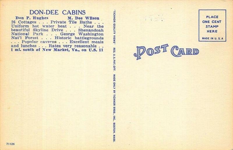 New Market VA Don-Dee Cabins U. S. Route 11 Multi-View Postcard