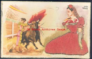 Embroidered Postcard, Bull Fighter Matador,Folklore Costume,Signed Jano A Ibarra