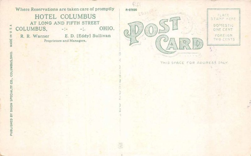 Columbus Ohio Hotel Columbus Lobby Plates Destroyed Postcard AA86324