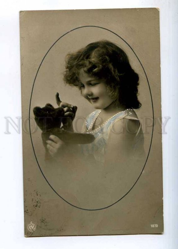 234089 Charming Girl & TEDDY BEAR vintage tinted PHOTO NPG