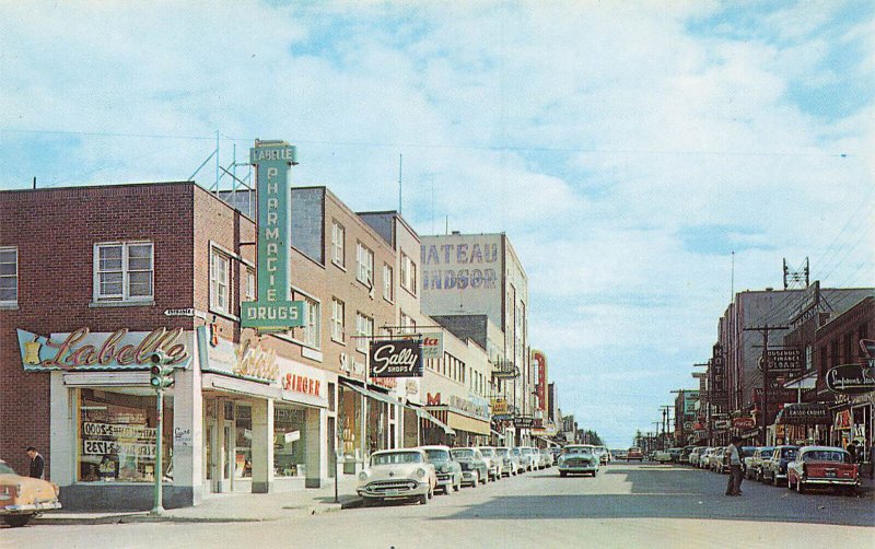 Canada Rouyn-Noranda 1950's Cars Storefronts, Postcard.